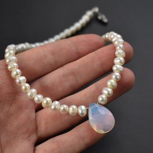 Real pearl necklace, moonstone drop necklace short, stone bead choker with charm